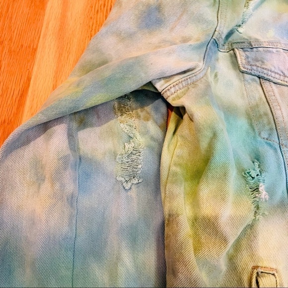 Festival tie dyed jean jacket M distressed ripped blue green ocean water - Picture 15 of 15